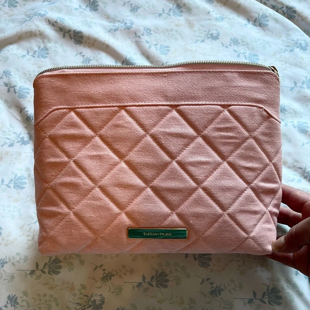 Dual Cosmetic Pouch Set - Pink Quilted Pouch & White Woven Pouch with Green Trim